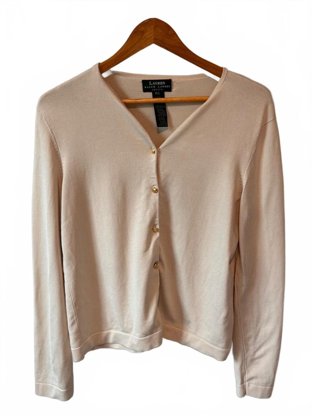 Lauren Ralph Lauren Silk Cream Cardigan Petite L Ivory Gold Crest Buttons Preppy